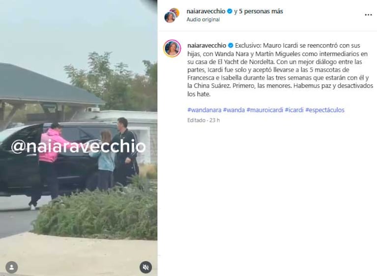 El posteo de Naiara Vecchio sobre el reencuentro de Mauro Icardi y Wanda Nara (FOoto: Instagram @naiaravecchio)