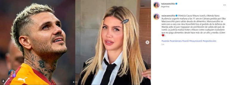 El posteo de Naiara Vecchio sobre la audiencia de las abogadas de Mauro Icardi y Wanda Nara (Foto: Instagram @naiaravecchio)
