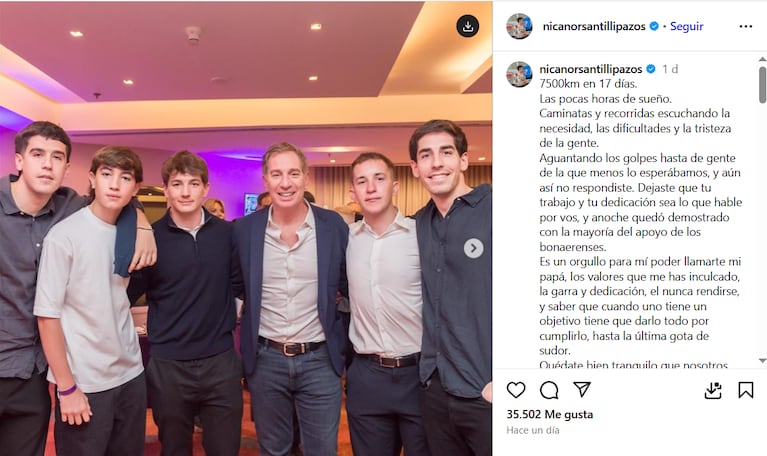 El posteo de Nicanor Santilli Pazos en apoyo a su padre, el diputado electo Diego (Foto: captura de Instagram).