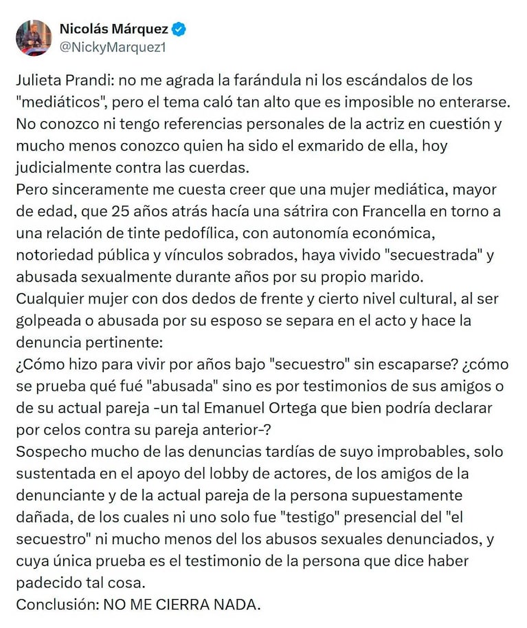 El posteo de Nicolás Márquez sobre la denuncia de Julieta Prandi a Claudio Contardi (Foto: X @NickyMarquez1)