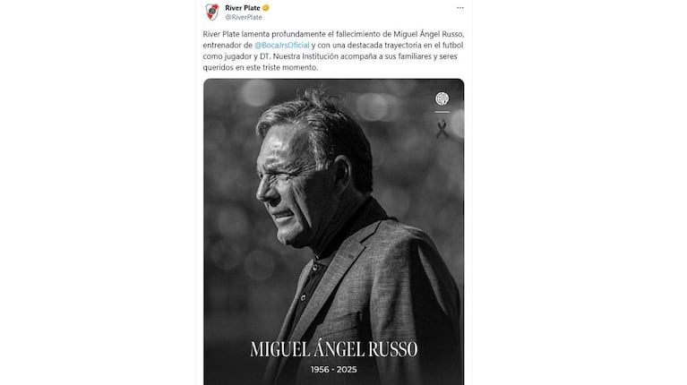 El posteo de River Plate por la muerte de Russo. Captura: X @RiverPlate