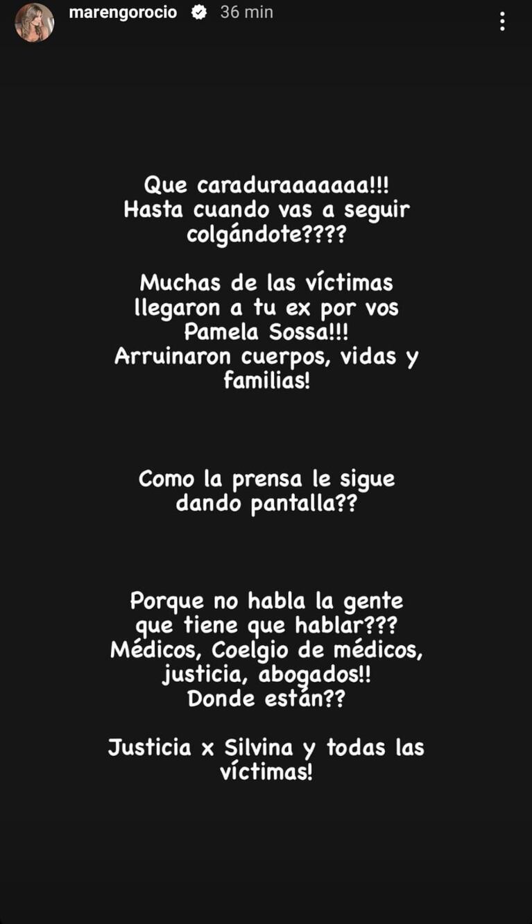 El posteo de Rocío Marengo contra Pamela Sosa.