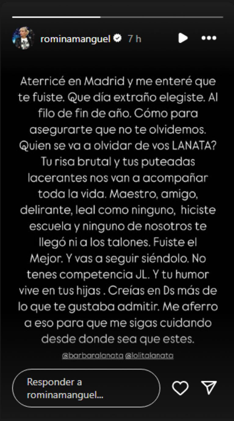 El posteo de Romina Manguel dedicado a Jorge Lanata.