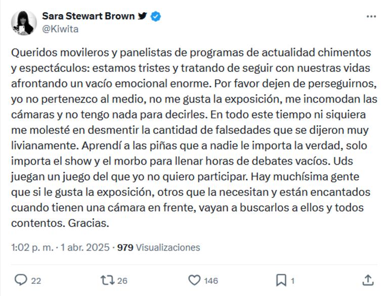 El posteo de Sara Stewart Brown. (Foto: @Kiwita en X)