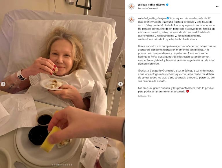 El posteo de Soledad Silveyra tras su alta médica (Foto: Instagram @soledad_solita_silveyra)