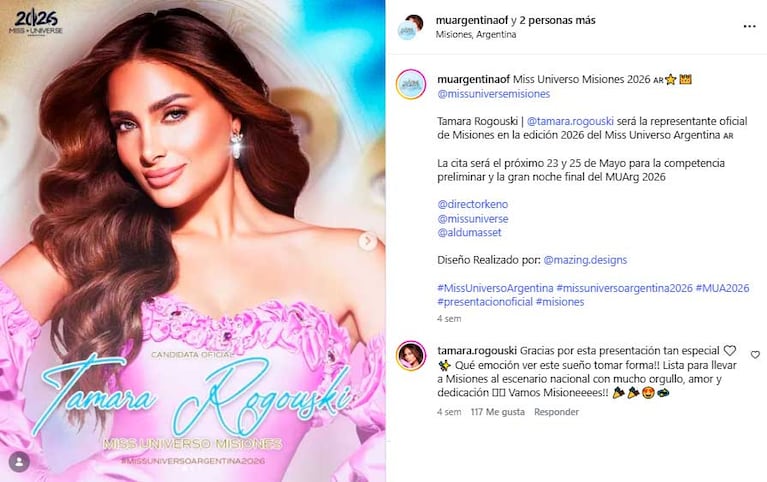 El posteo de Tamara Rogouski ganadora de Miss Argentina 2026 (Foto: captura Instagram @muargentinaof)