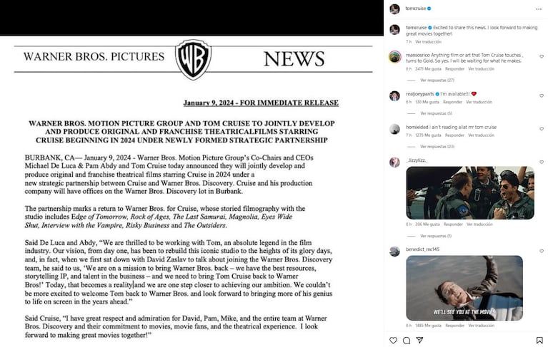 El posteo de Tom Cruise tras firmar un acuerdo con Warner Bros.  (Foto: Instagram @tomcruise)