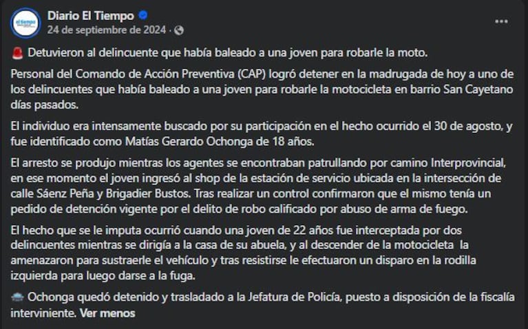 El posteo de un vecino de San Francisco Córdoba sobre Matías Ochonga  (Foto: Facebook)