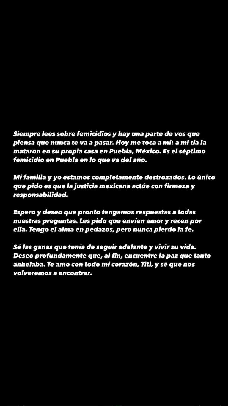 El posteo de Valentina Zenere sobre el asesinato de su tía (Foto: Instagram @vaketinazenere)