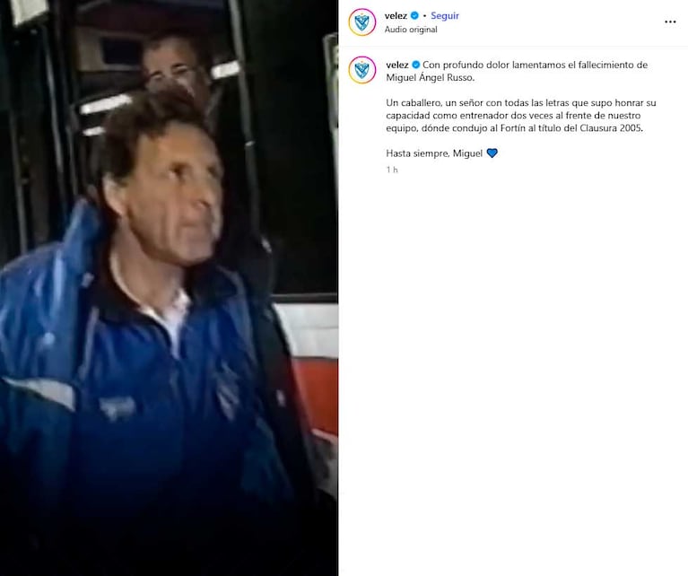 El Posteo de Vélez Sarsfield por la muerte de Miguel Ángel Russo (captura Instagram)