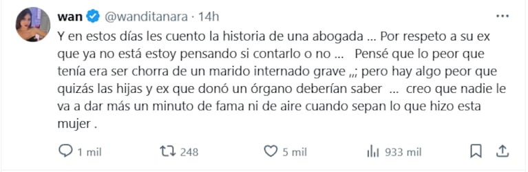 El posteo de Wanda Nara contra Elba Marcovecchio (Foto: captura de X).