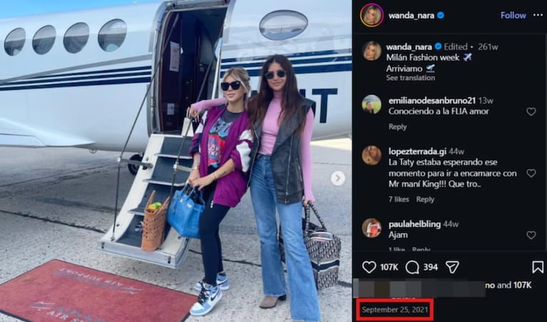 El posteo de Wanda Nara que muestra qué hacía en septiembre del 2021, cuando empezaba la historia del Wandagate (Foto: Instagram).