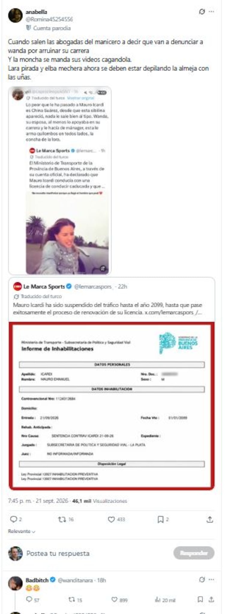 El posteo de Wanda Nara sobre la inhabilitación de Icardi para conducir (X.com / @Romina45254556)