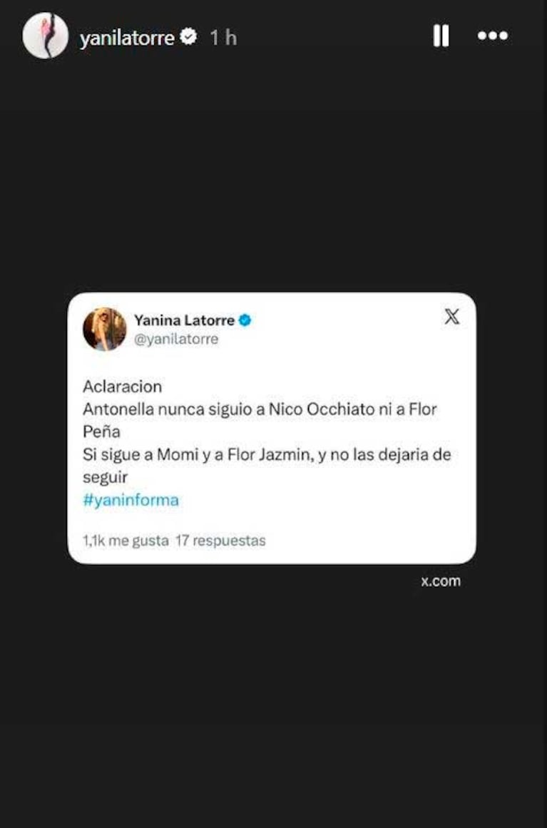 El posteo de Yanina Latorre aclarando si Antonela Roccuzzo dejó de seguir a nico Occhiato y a Flor Peña (Foto: Instagram @yanilatorre)