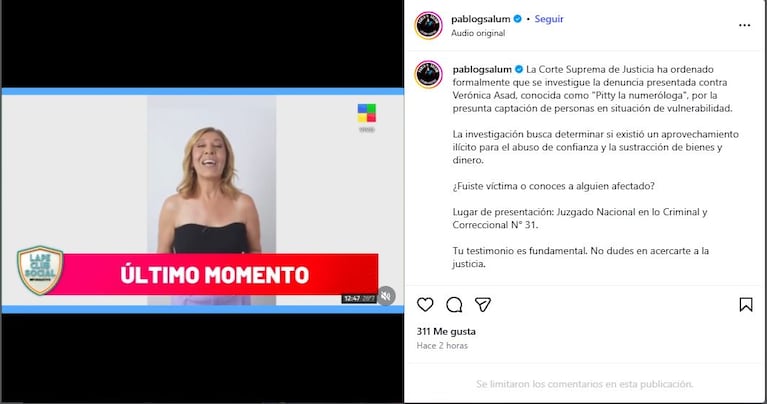 El posteo del denunciante de Pitty la Numeróloga, que pide testigos de los supuestos fraudes de Verónica Asad. (Foto: @pablogsalum)
