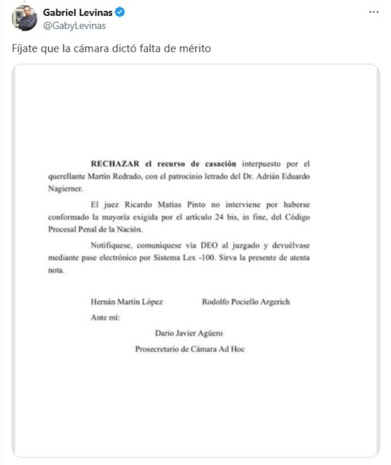 El posteo del Gabriel Levinas que ratifica la falta de mérito que le dictaron a Luciana Salazar ante le demanda por extorsión de Martín Redrado (Foto: Twitter / X @GabyLevinas)