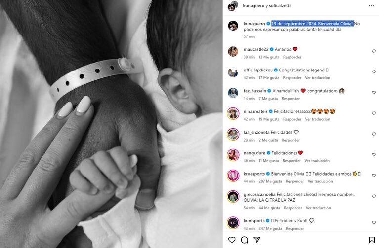 El posteo del Kun con la primera foto de Olivia (captura - Instagram).