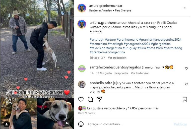 El posteo del perro Arturo tras su reencuentor con Martín Ku (Foto: Instagram