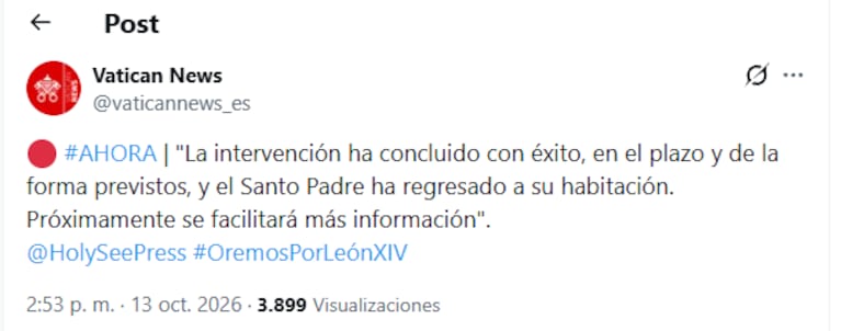 El posteo del Vaticano sobre la operación a León XIV.
