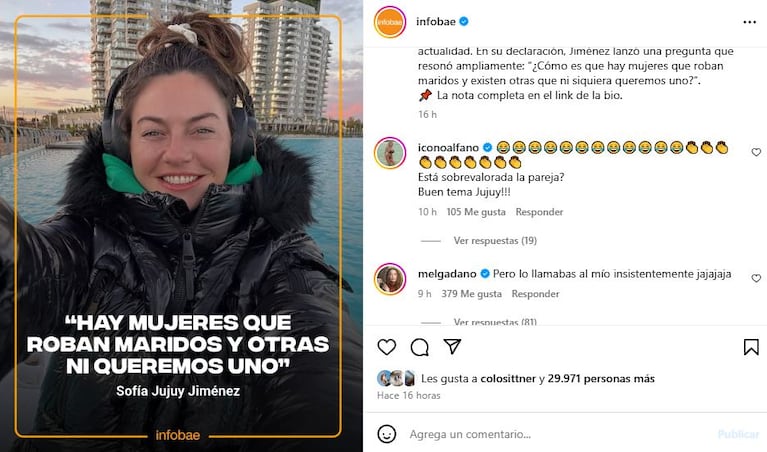 El posteo en el que Mel Gadano le reprocha a Jujuy Jiménez los supuestos llamados a su marido (Foto: Instagram @infobae)