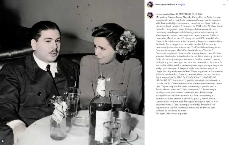 El posteo sobre el macabro pedido que Teresa Costantini le atribuyó a su exmarido Eduardo (Foto: Instagram @terecostantinifilms)