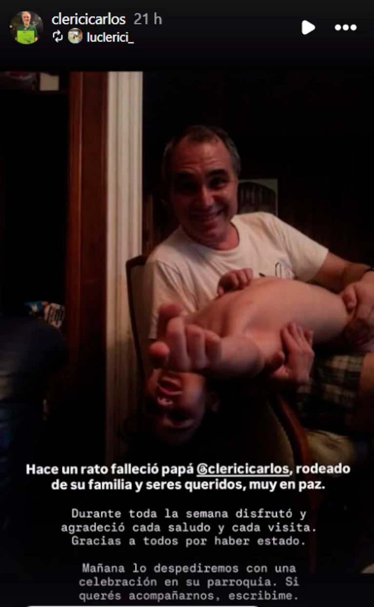 El posteo sobre la muerte de Carlos Clérici (Foto: Instagram @clericicarlos)