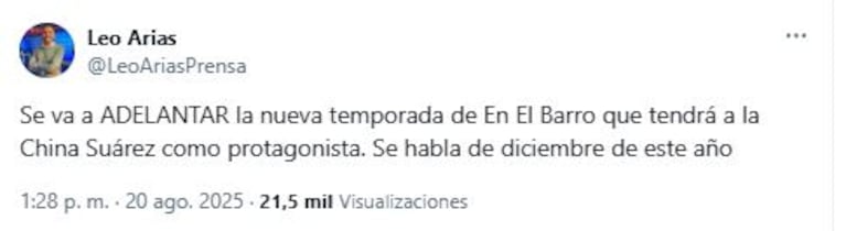 El posteo sobre la participación de la China Suárez en En el Barro (Foto: Instagram @elmarginaltvok)