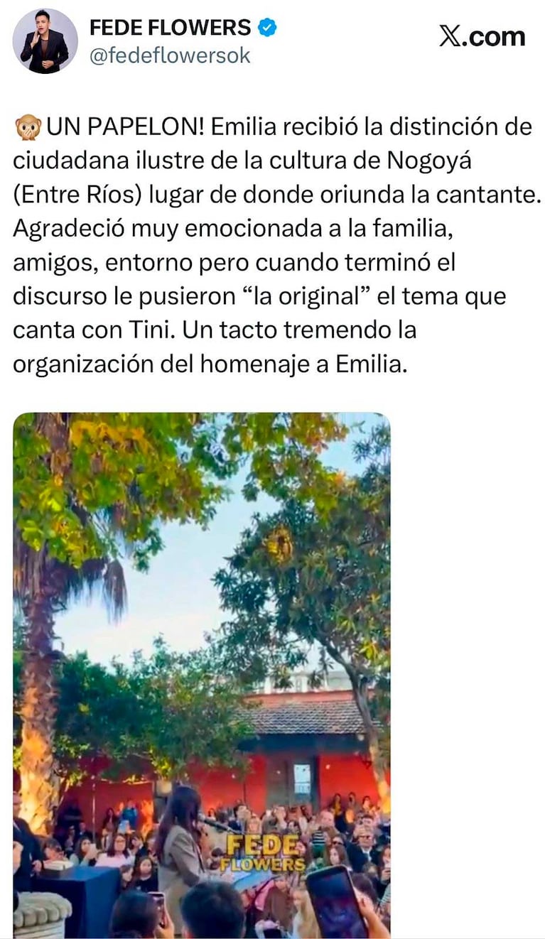 El posteo sobre la polémica del homenaje a Emilia Mernes (Foto: X.com / @fedeflowersok)