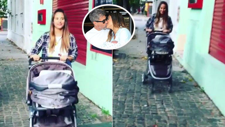 El primer paseo de Lourdes Sánchez y el Chato Prada con Valentín. Fotos: Instagram y Web.