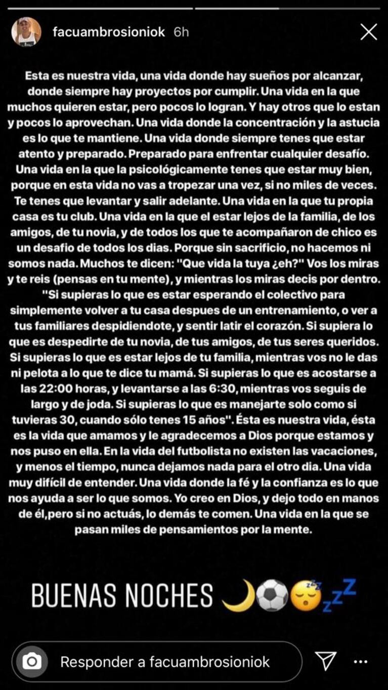 El profundo mensaje de Facundo Ambrosioni sobre el "lado B" de ser futbolista: "Es una vida muy difícil de entender"