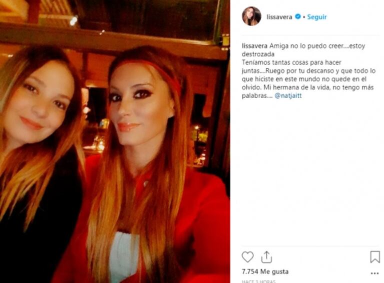 El profundo mensaje de Lissa Vera tras la muerte de Natacha Jaitt: "Estoy destrozada, mi hermana de la vida"