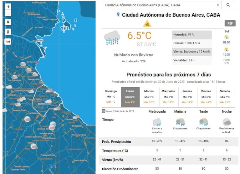 El pronóstico de probables nevadas para Buenos Aires y alrededores (Foto: captura smn.gob.ar)
