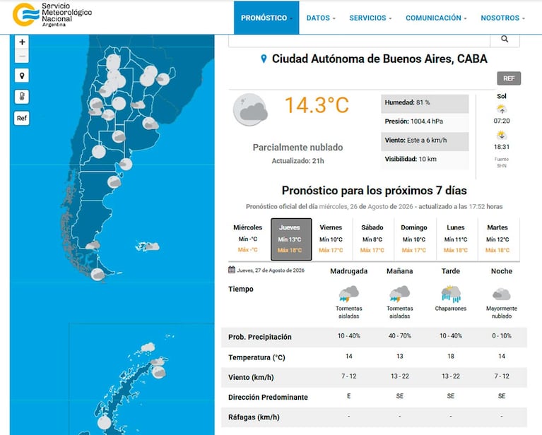 El pronóstico del clima para este jueves 27 de agosto de 2026 (Foto: captura smn.gob.ar)