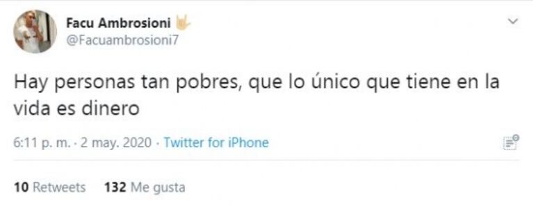 El provocativo mensaje de Facundo Ambrosioni que enfureció a More Rial: "Hablás así teniendo el último Iphone"