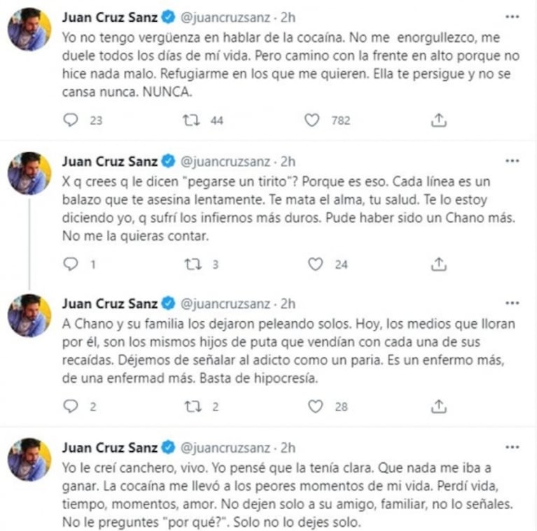 El relato a corazón abierto de Juan Cruz Sanz sobre su experiencia con la droga: "Pude haber sido un Chano más"