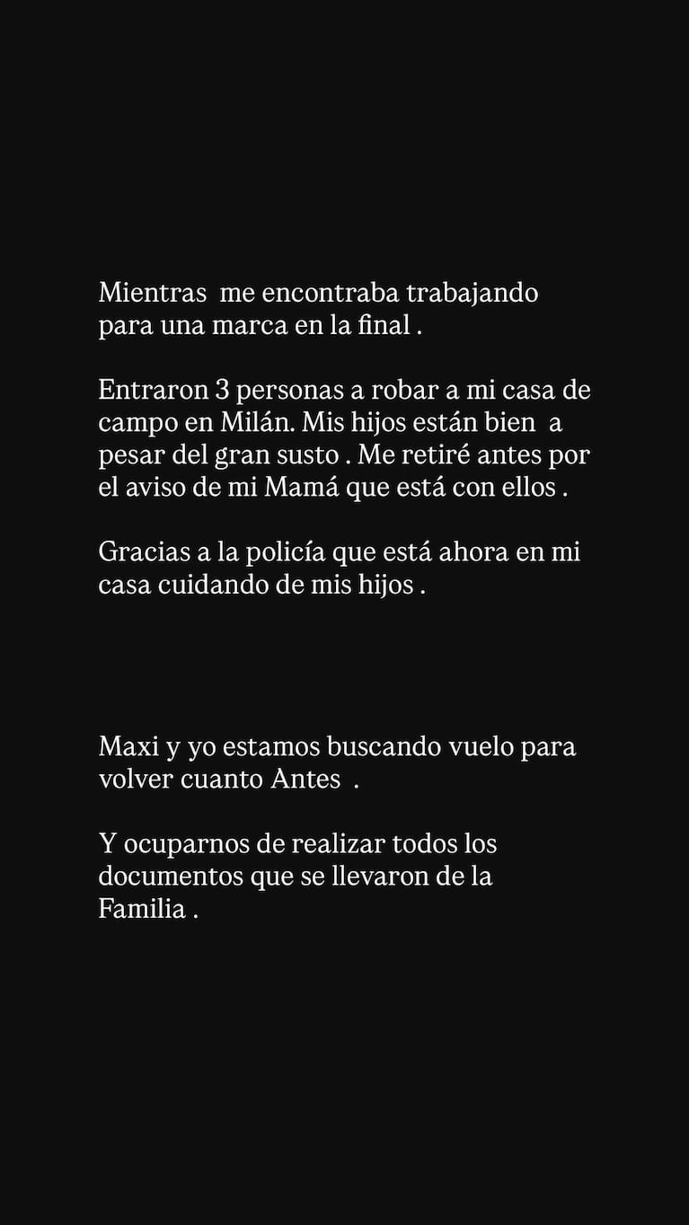 El relato de Wanda Nara sobre el robo que sufrió en su casa de Milán (Foto: Instagram @wanda_nara)