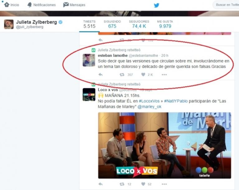 El retweet de Julieta Zylberberg sobre los rumores que involucran a Lamothe en la separación Suar-Siciliani