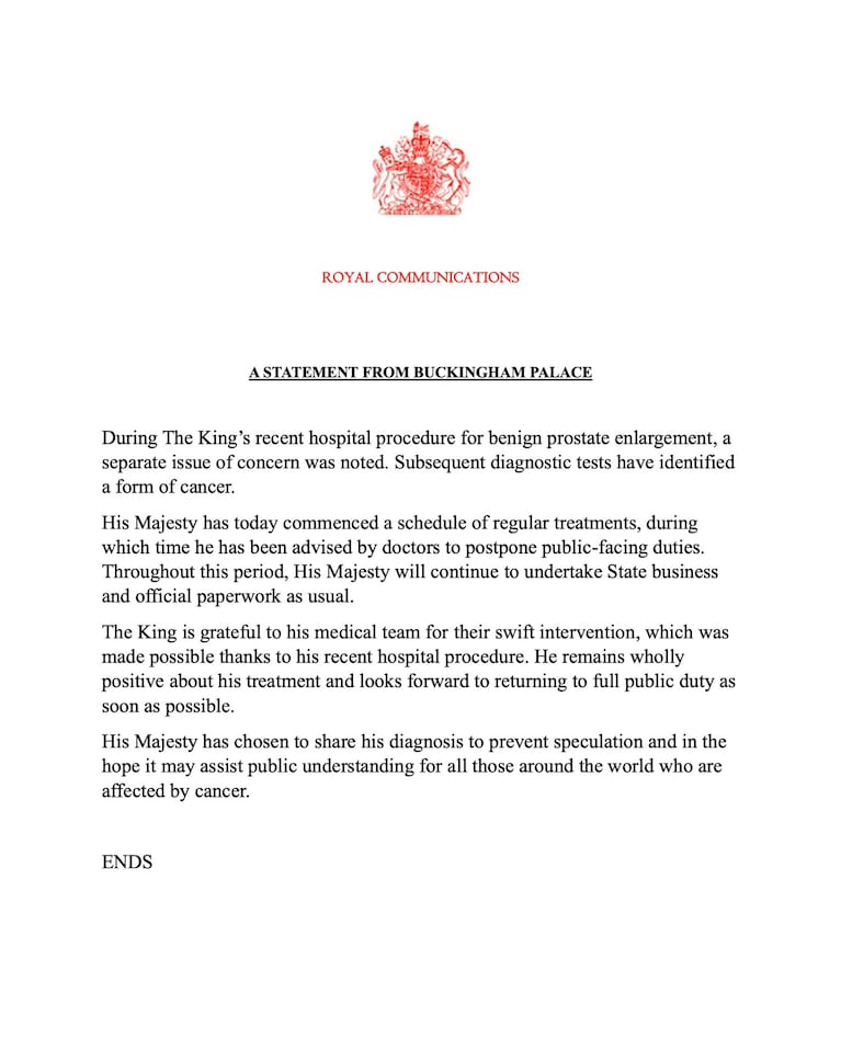 El Rey Carlos III de Inglaterra fue diagnosticado con cáncer