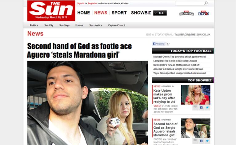 El romance del "Kun" y "La Princesita", en los medios ingleses (Foto: captura The Sun)