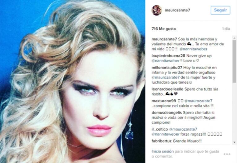 El romántico mensaje de apoyo de Mauro Zárate a Natalie Weber: "Sos la más hermosa y valiente del mundo"