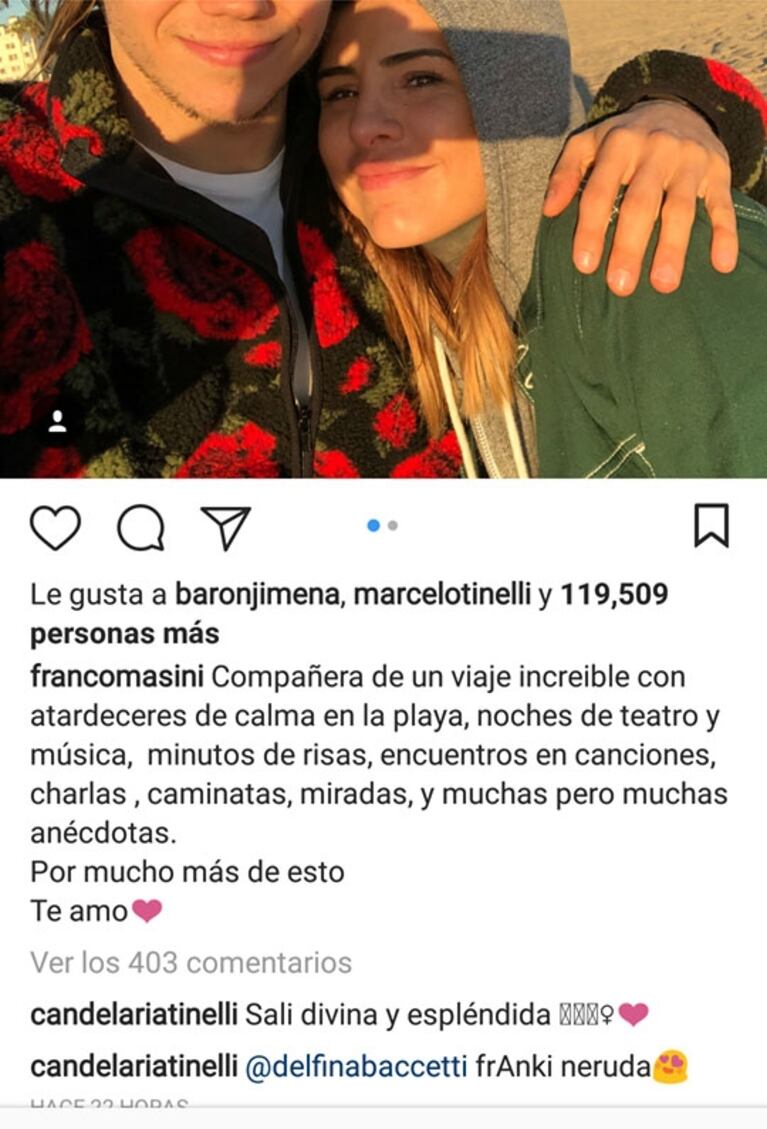 El romántico mensaje de Franco Masini a Candelaria Tinelli tras sus vacaciones en Estados Unidos: "Sos una compañera de viaje increíble; te amo"