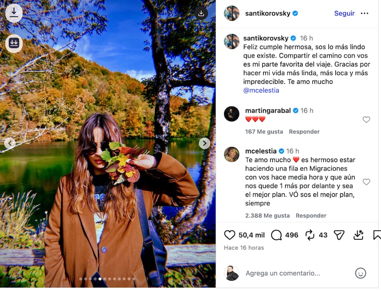 El romántico mensaje de Santiago Korovsky a Celeste Cid por su cumpleaños: “Te amo mucho”. Crédito: Instagram