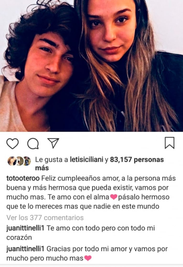 El romántico mensaje de Toto Otero a Juanita Tinelli: "Feliz cumpleaños a la persona más buena y más hermosa"