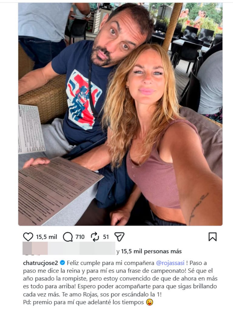 El romántico saludo de José Chatruc a Sabrina Rojas por su cumpleaños (Foto de Instagram)