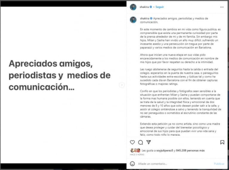 El ruego de Shakira a la prensa por sus hijos: "Respeten su derecho a la intimidad"