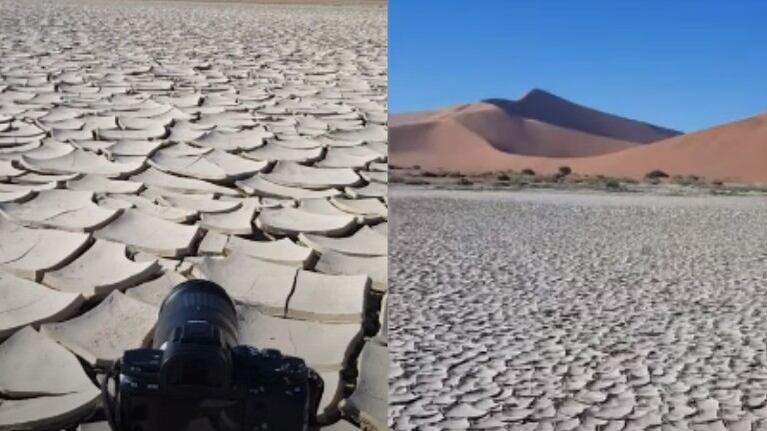 El ruido de este hombre al pisar las placas de arcilla agrietadas de un salar de Namibia es extrañamente satisfactorio