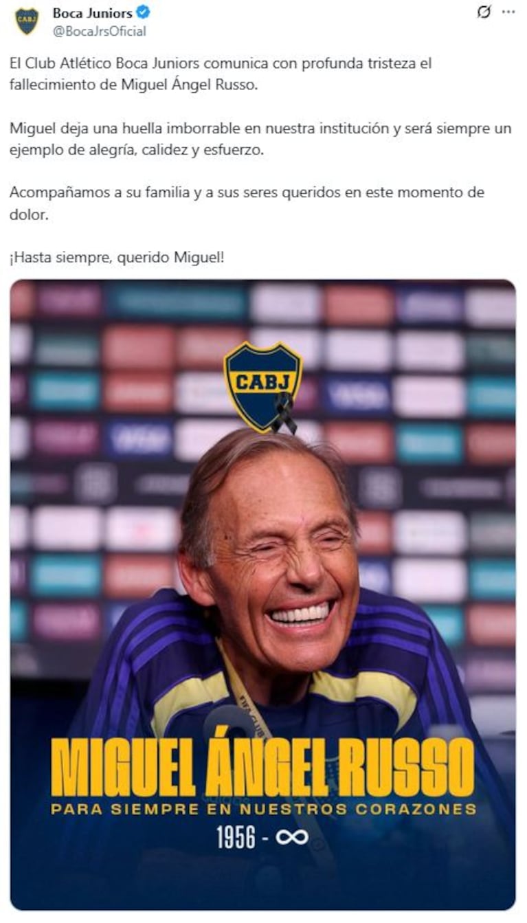 El sentido posteo de Boca Juniors tras la muerte de Miguel Ángel Russo (Foto: Twitter/X)