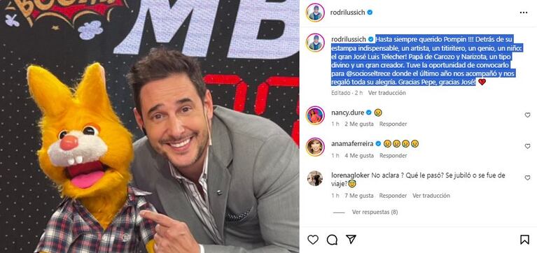 El sentido posteo de Rodrigo Lussicho sobre la muerte de José Luis Telecher (Foto: Instagram @rodrilussich)