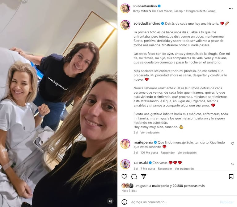 El sentido posteo de Soledad Fandiño tras su operación (Foto: Instagram @soledadfandino)