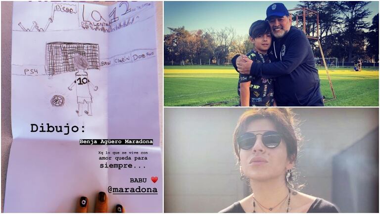 El significativo dibujo de Benjamín Agüero a Maradona (Fotos: Captura de Instagram Stories e Instagram)